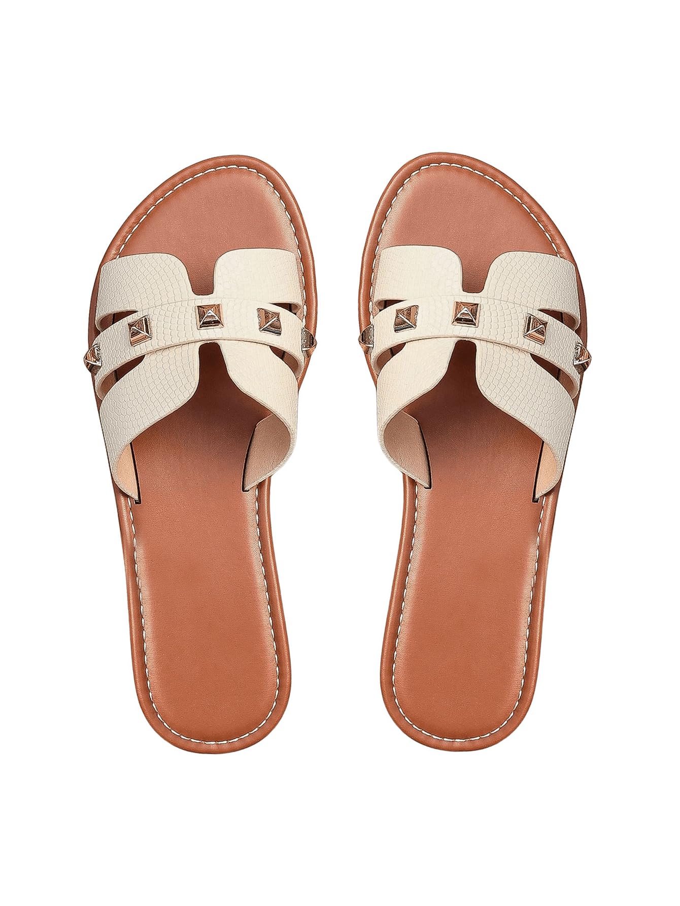 Photo 1 of Floerns Women's Studded Cut Out Flat Sandal Open Toe Leather Slip on Beach Shoes Beige 7.5