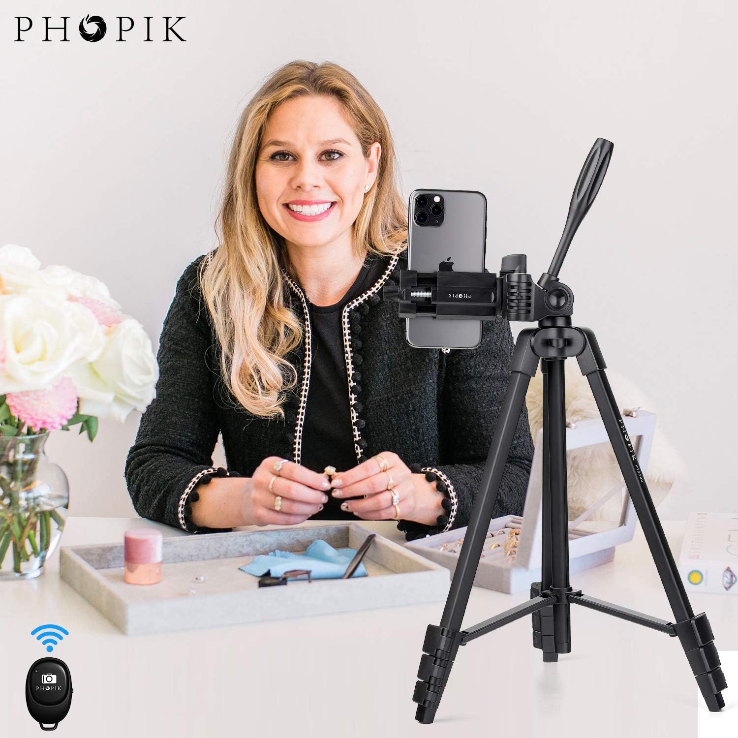 PHOPIK Phone Tripod 55 inches, Aluminum Travel/Camera/Mobile Phone Tripod with Carrying Bag with a Maximum Load of 6.6 pounds, Remote Shutter, Compatible with Smartphone & Tablet & Camera.: Camera & Photo