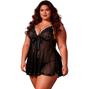 sunshinelady Plus Size Lingerie for Women Lace Babydoll V Neck with Thongs | Embroidery Mesh Sleepwear with G-String Sheer Ch