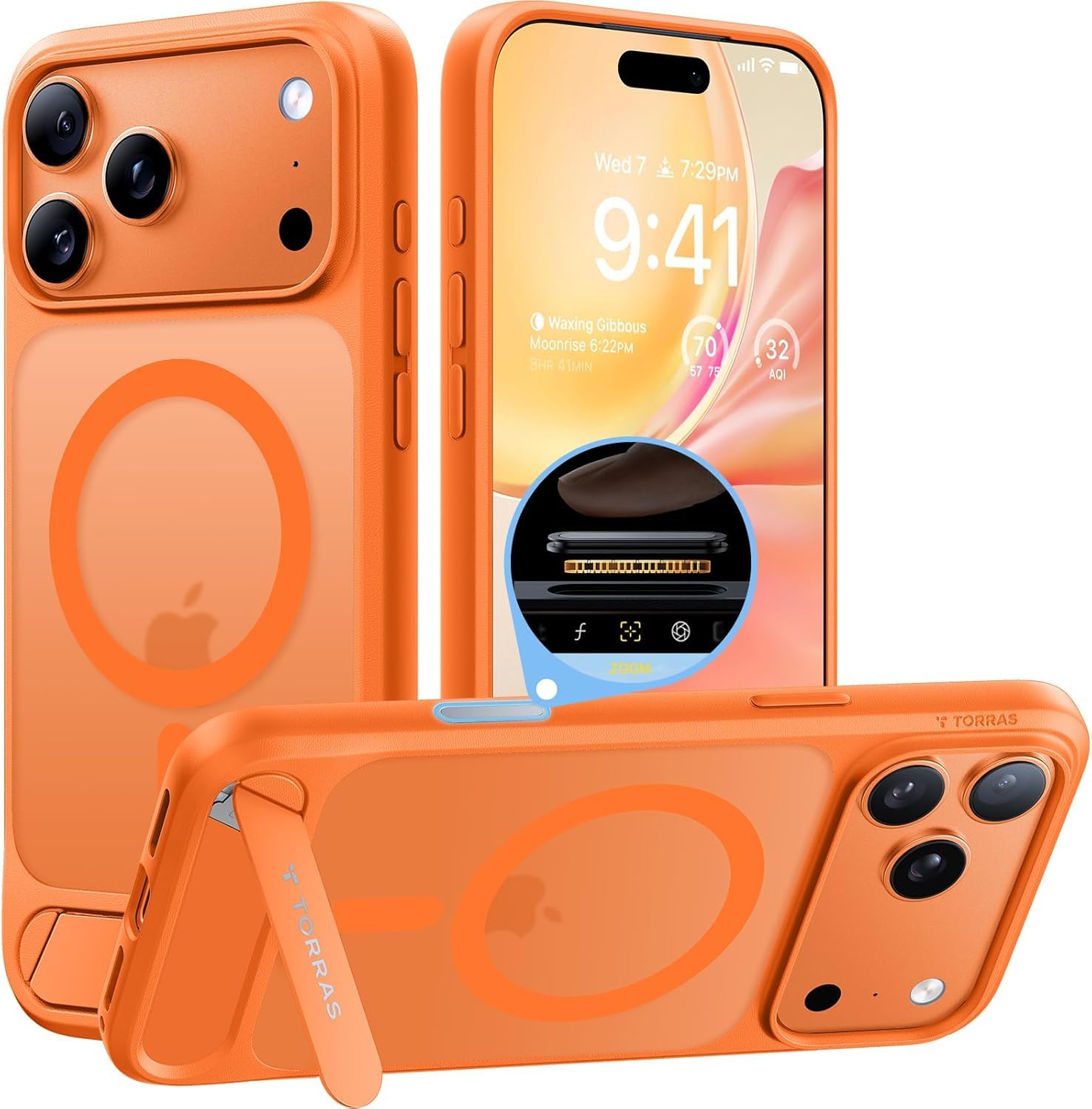 Photo 1 of TORRAS Strong Magnetic & Seamless Stand for iPhone 17 Pro Case, Fit for MagSafe, Militray Grade Protection, Built-in Kickstand, Camera Control, Translucent Slim 17 Pro Cover Ostand, Cosmic Orange
