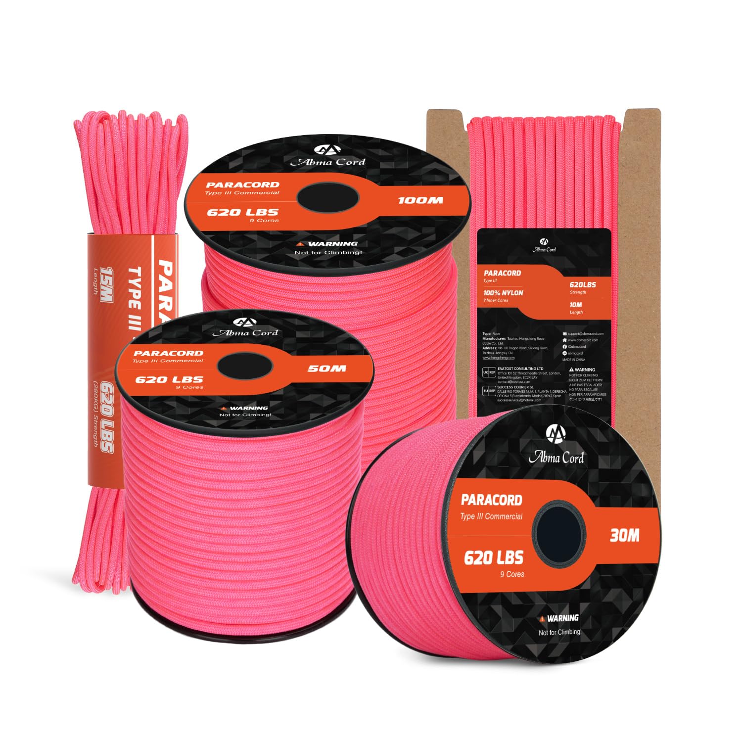 Abma Cord Paracord 4mm 15m 100% Nylon Rope 9 Strands Type III Parachute Cord for DIY, Camping, Survival, Outdoor - Max. 280kg - Neon Pink