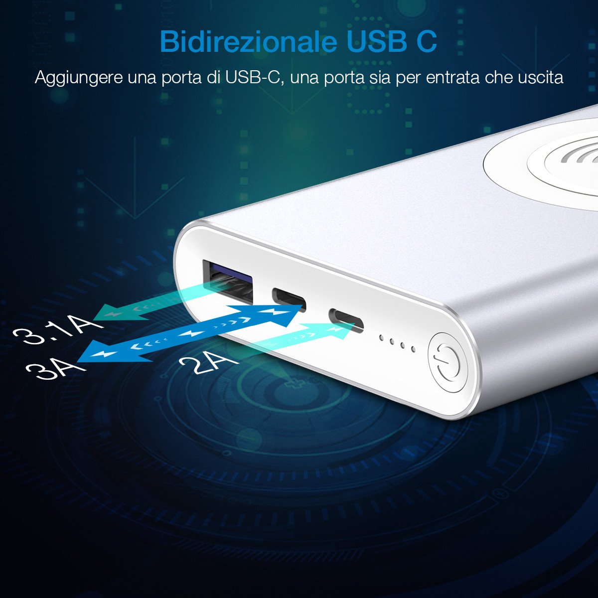 POWERADD Caricabatterie Senza Fili 10000mAh Entrata Lightning e Type-C, 2 Uscite con Ricarica Rapida da 3.4A Powerbank Wireless per iPhone X/ 8, Samsung Galaxy S9/ S8/ S7/ Note ecc. Argento