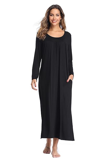 Lusofie Nightgown Women Long Sleeve Sleepwear Full Length Sleep Shirt Soft Night Dress With Pockets
