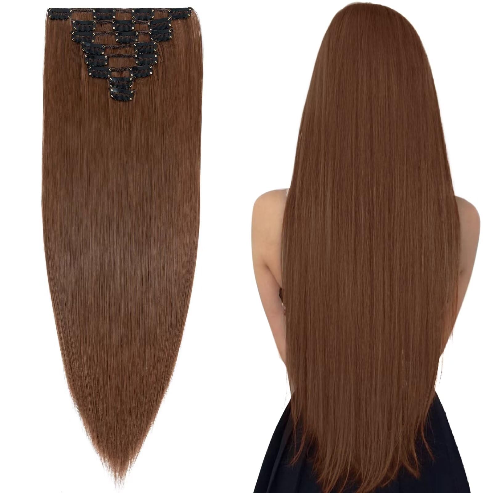 Silk-co 23" 8PCS Hairpiece Clip in Hair Extensions Vivid Auburn 100% Synthetic Hair Piece Long Straight for Full Head — image 1