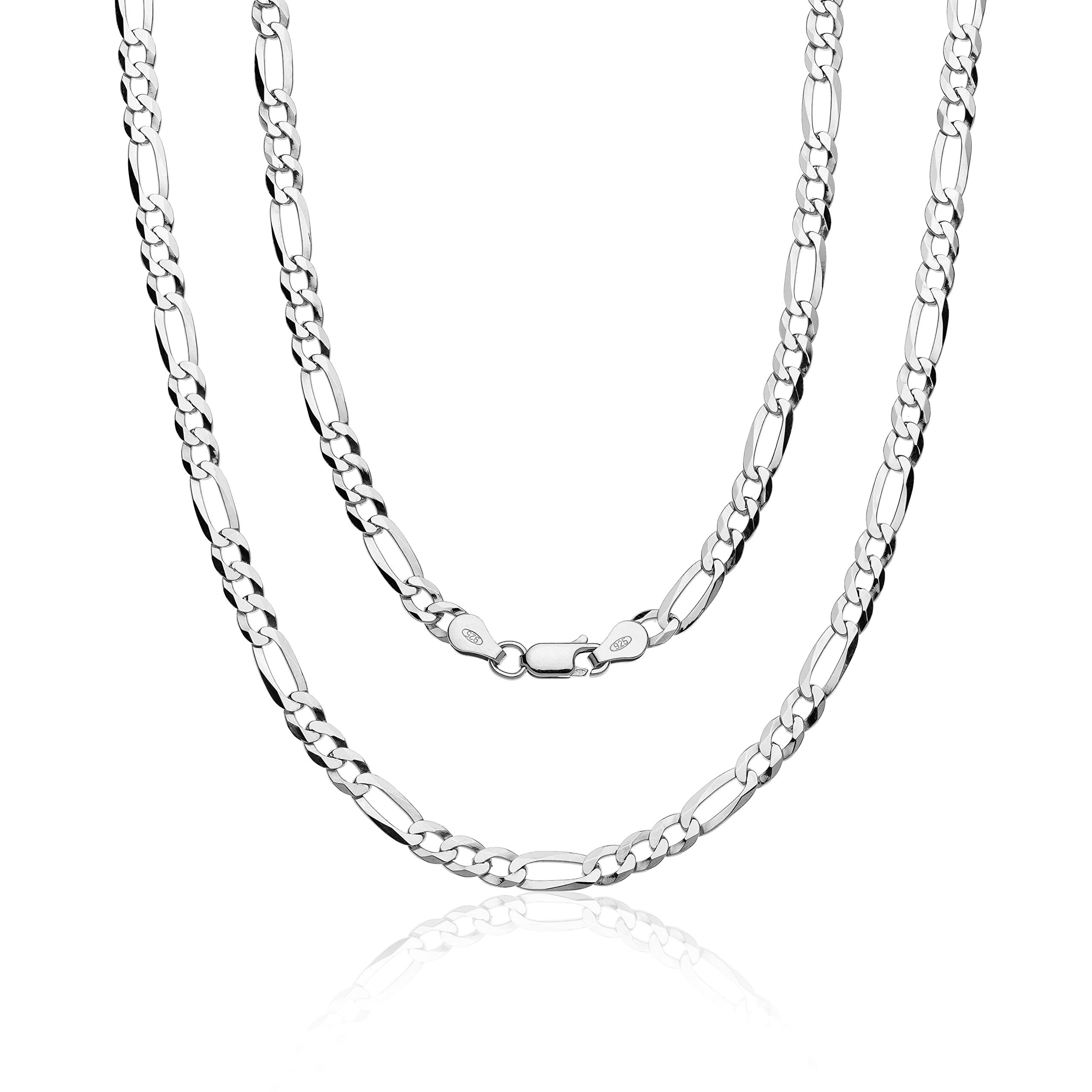 Aka Gioielli® - 925 Sterling Silver Rhodium Men Women Necklace - 5.2 mm Flat Figaro Chain - 26 inch