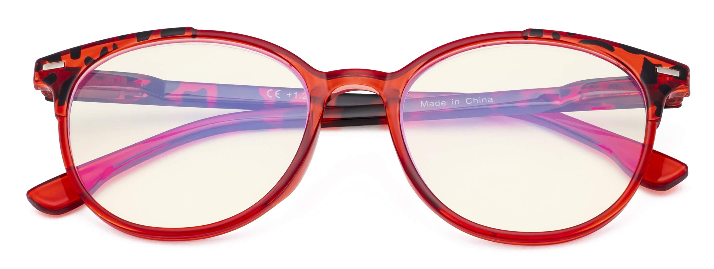 CessBlu Ladies Oversized Round Blue Light Filter Glasses for Women Reading Computer Readers Blocking UV Rays (Red) +1.0