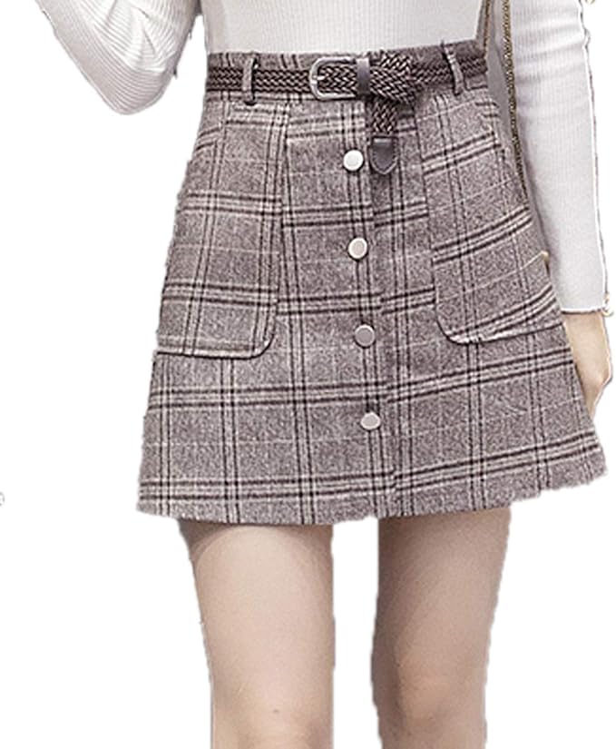Womens Plaid Skirt Femme Single Breaste Faldas Brown Gray Women Skirt