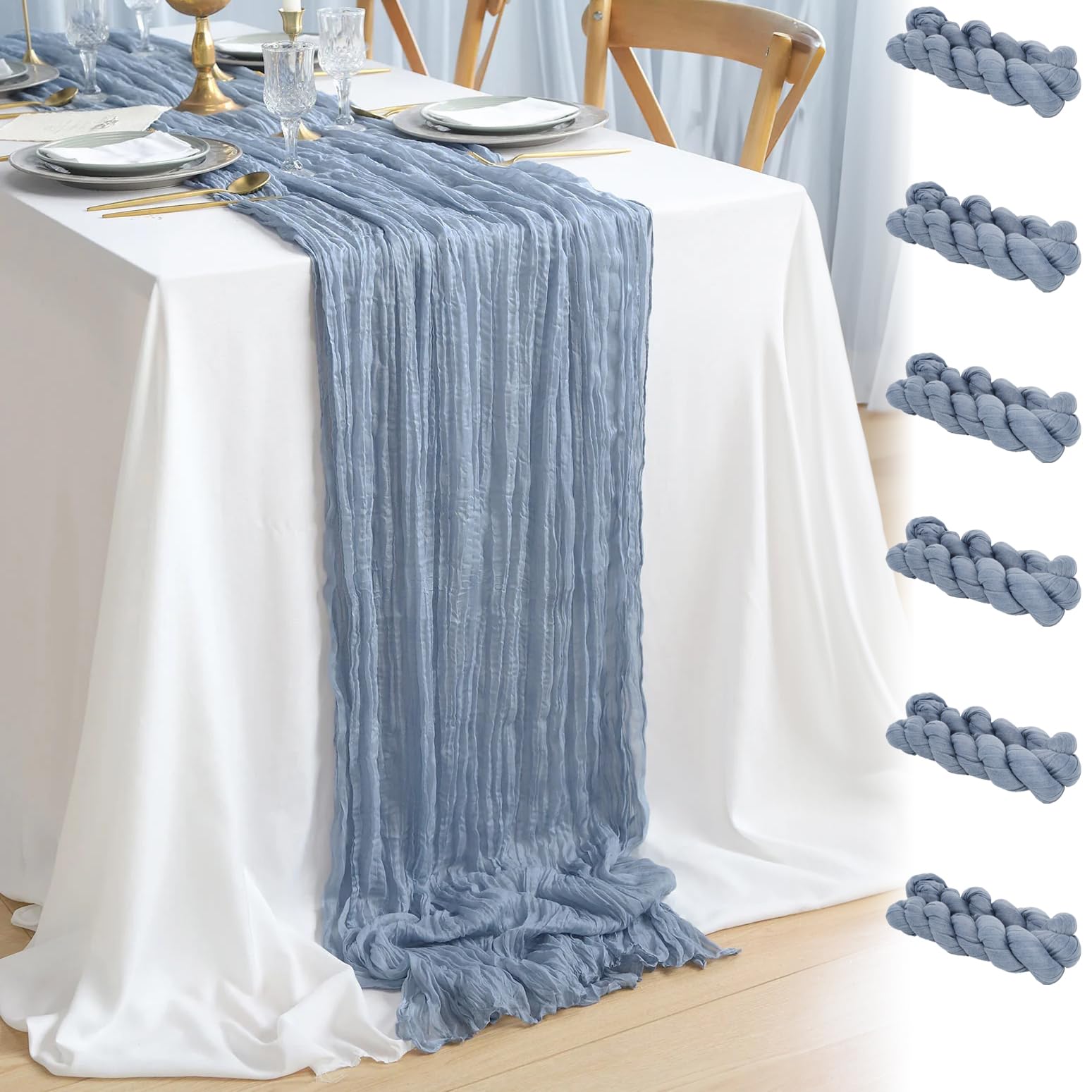 Photo 1 of 6 Pack 10Ft Dusty Blue Cheesecloth Table Runner 35x120 Inch Gauze Table Runner Rustic Table Runner Long Table Runner for Wedding Decor Gender Reveal Decor Wedding Decorations Tea Party Decorations