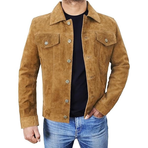 Men's Suede Leather Jacket Trucker Style Shirt Collar Biker Suede