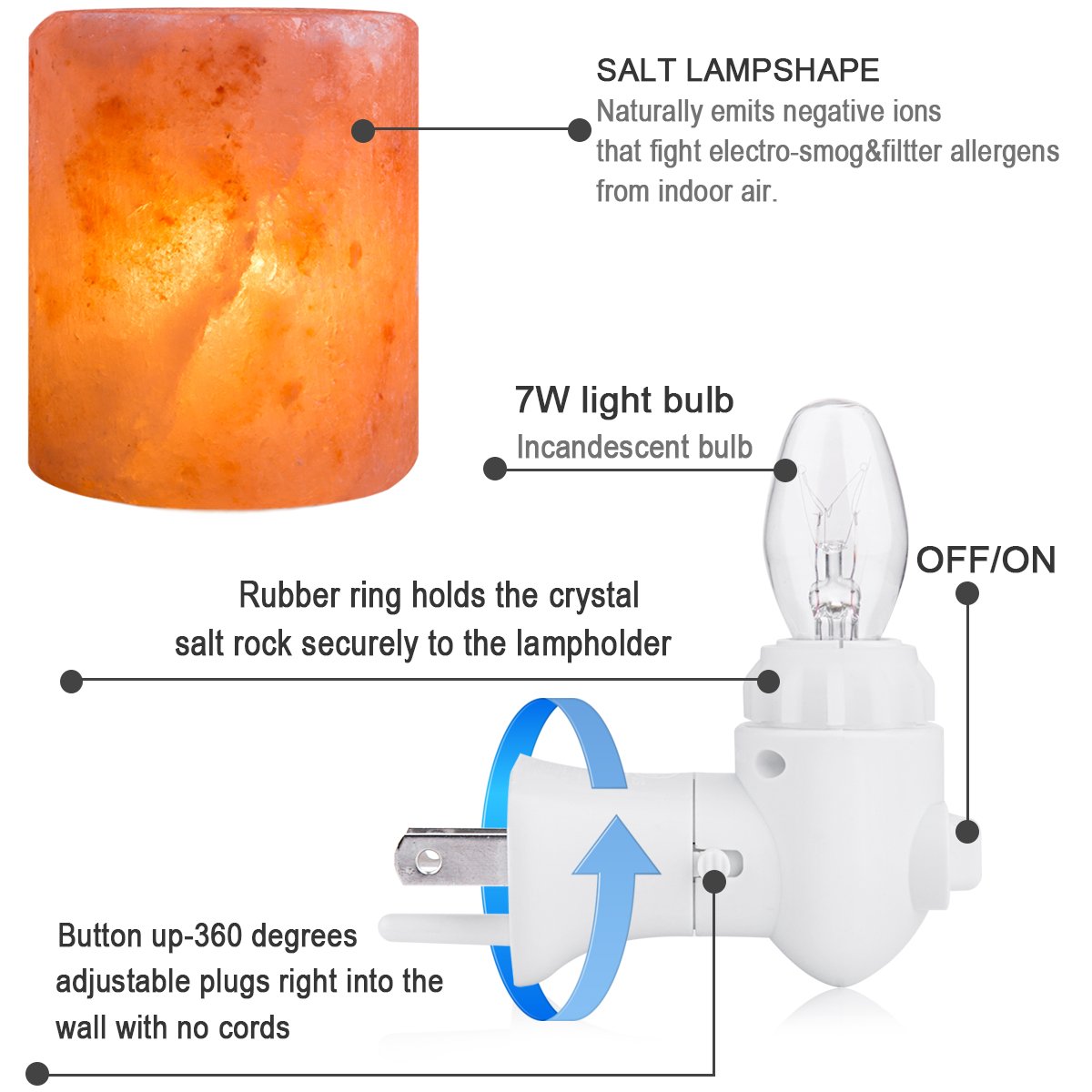 Aurora Salt Lamp Night Light, Mini Hand Carved Glow Pink Sea Crystal Rock with 360 Degree Adjustable Wall Plug, 2 BULBS Incandescent Bulb and Multi LED Color Changing Bulb for Purifying the Air