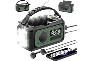 irjeen 12000mAh Emergency Radio, Hand Crank Radio, Portable Weather Alert Radio AM/FM/NOAA, Solar Radio with Flashlight, Reading Lamp, SOS Alarm, Power Bank, for Home & Outdoor Emergency(Green)