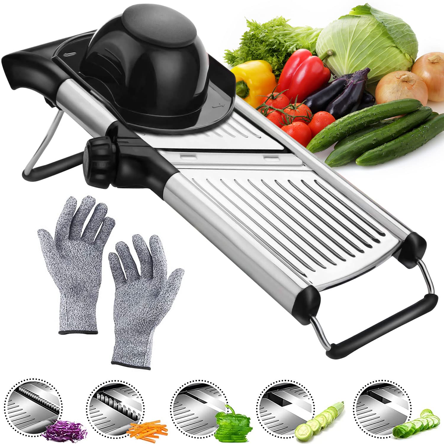 Professional Vegetable Cutter, Multifunctional Adjustable Kitchen Mandolin Slicer with Safety Hand Gloves, Stainless Steel Blade, Veg Chopper Grater Julienne for Onion Fruits (Stainless Steel)