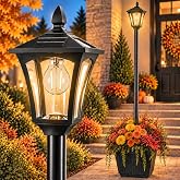 76" Solar Lamp Post with Planter, Glass &amp; Metal Outdoor Light, Warm White | 76" tall solar lamp post with planter base, real glass lantern design and warm Edison-style glow for elegant outdoor spaces