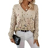 Women's Spring Boho Floral V Neck Knit Sweater Crochet Cutout Hollow Cable Long Sleeve Winter Pullover Jumper Top