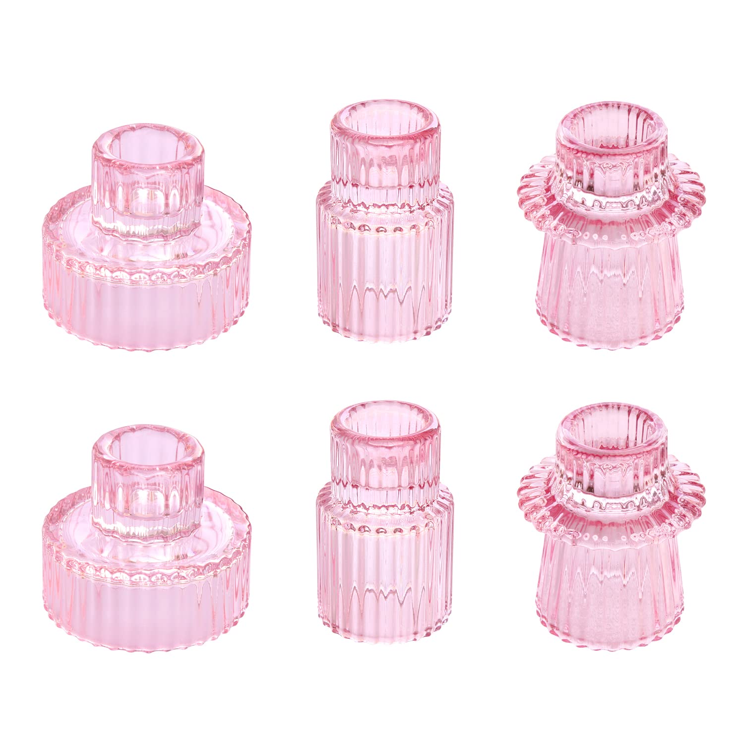 HofferRuffer Candle Holders Set of 6,Glass Votive Tealight Holders for Taper/Pillar/Tealight Candles,Candlesticks for Table Centerpiece, Wedding,Birthday,Gifts（Pink）
