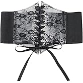 CABODYALS Black Faux Leather Cinch Corset Wide Elastic Lace Waist Belt Vintage Boho Around Obi Trendy Bow Tie Wrap Lace Up Waistband Belts Bulk for Women Dresses Shirts Clothing Costume Accessories