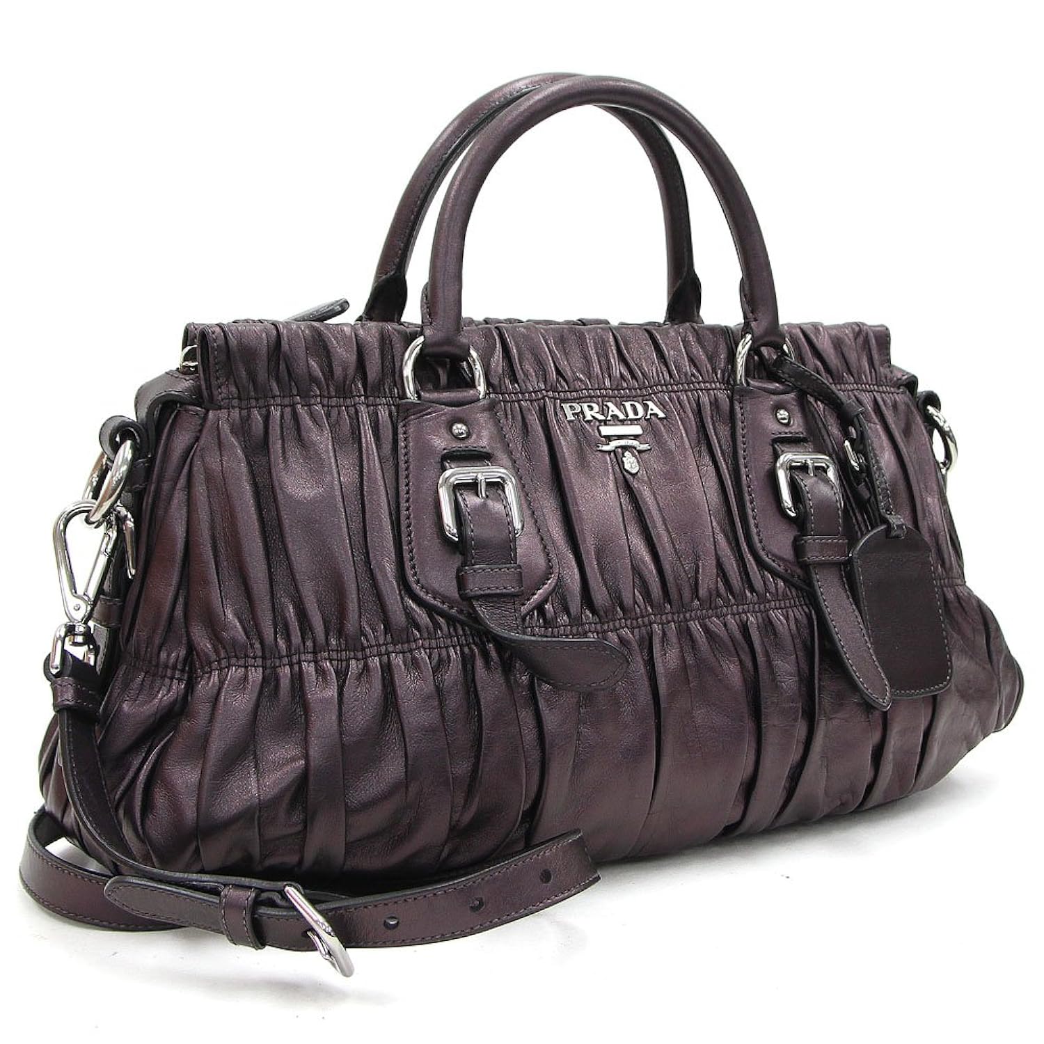 全日本送料無料 Prada プラダ 2wayハンドバッグ Bn1407 メタリックパープル レザー 中古 ロゴ入り ギャザー 革 トートバッグ プリーツ Prada 並行輸入品 B078ltbng8 Luzonhealthcare Com