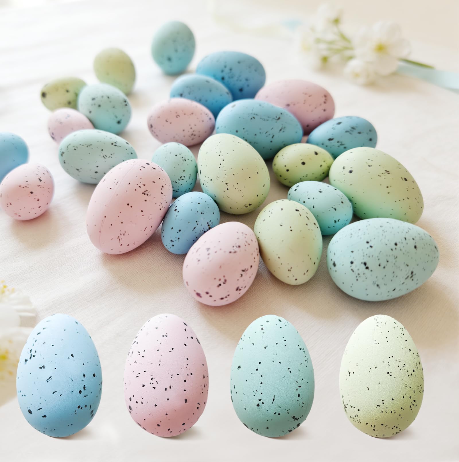 Cherica 24Pcs Easter Speckled Eggs - Assorted Sizes Faux Pastel Chicken Eggs for Vase & Bowl Filler, DIY Easter Spring Home Party Favors and Wedding Table Decorations