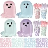 Vesici 144 Pcs Halloween Paper Plates Cups Napkins Party Set | Boo Ghost Disposable Tableware, with Forks Knife and Spoon, Ghost Shape Plates Party Supplies, for Baby Shower Birthday Decor