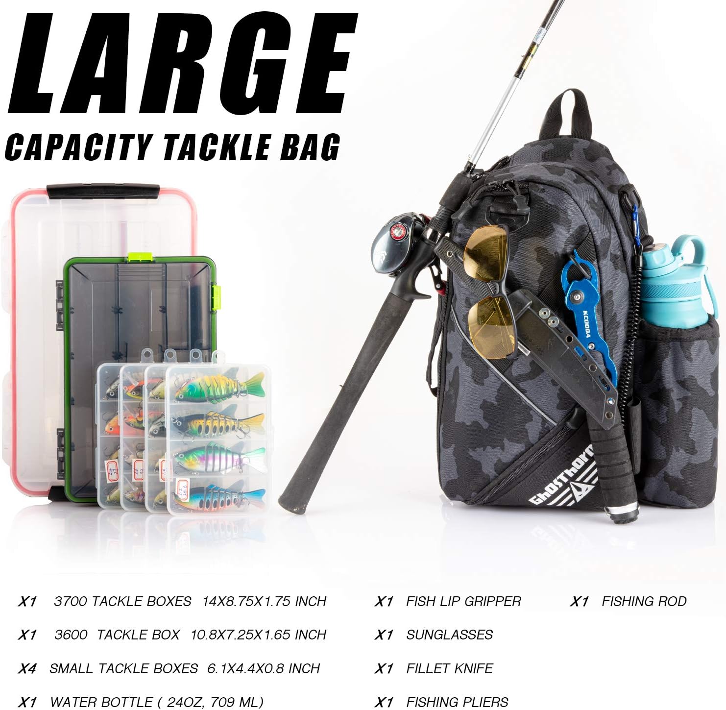 Ghosthorn Fishing Tackle Bag with Rod Holder Tackle Box Storage Backpack Fishing Gear Sling Pack Outdoor Shoulder Fishing Bag for Saltwater and Freshwater Standard Incognito Camouflage : Sports & Outdoors