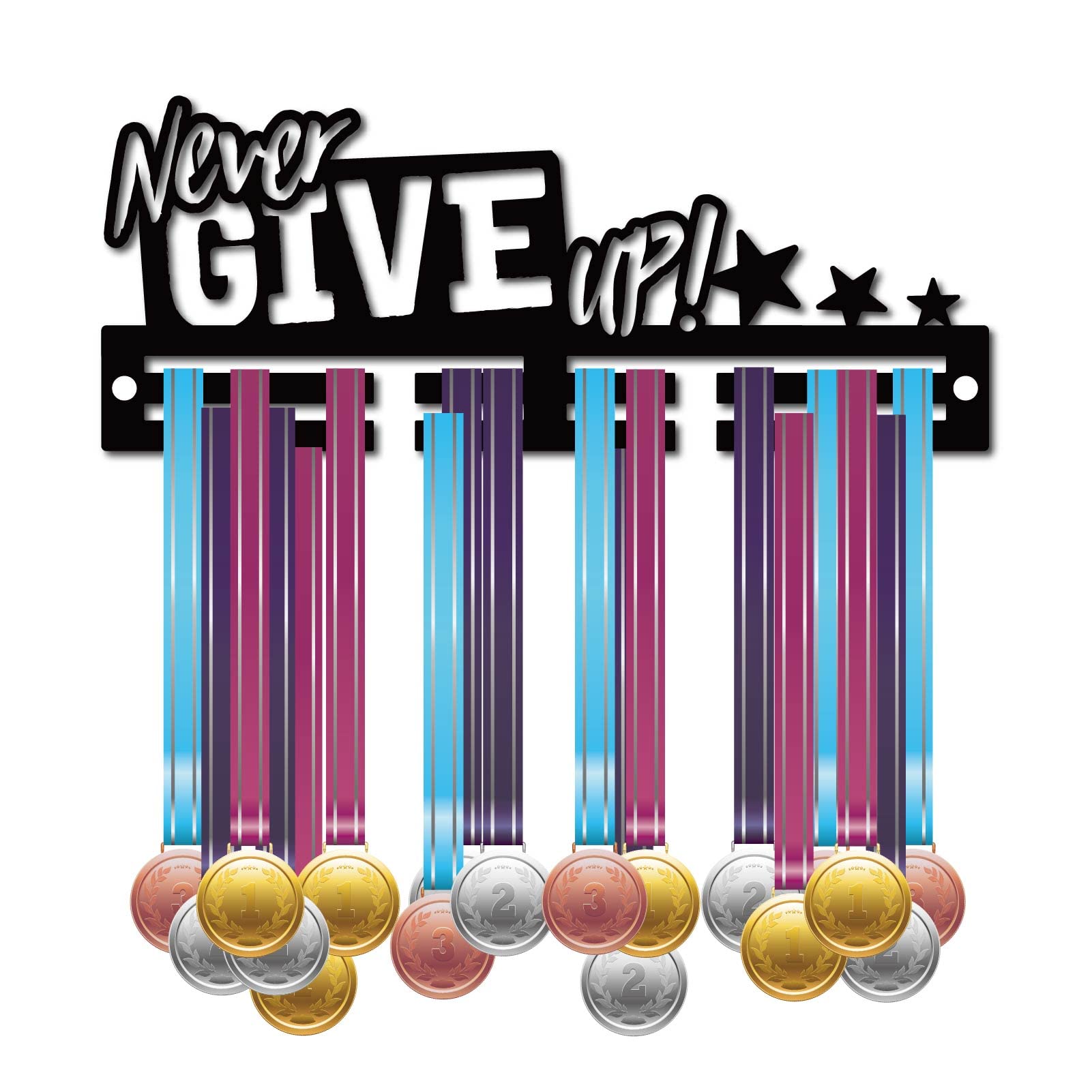 CREATCABIN Acrylic Medal Holder Never Give Up Medal Holder Display Stand Wall Mount Hanger Hanging for Home Badge 2 Lines Athletes Medalist Running Soccer Gymnastics Over 20 Medals