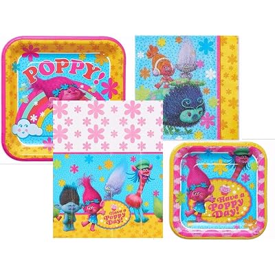 Dreamworks Trolls Birthday Party Bundle including Dinner Plates, Dessert Plates, Napkins and Tablecover for 16