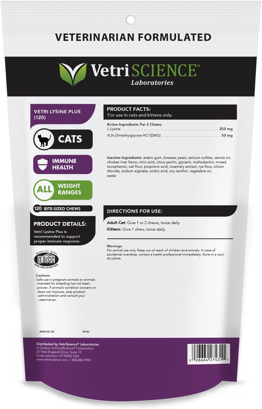 VetriScience Laboratories - Vetri Lysine Plus, 120 Bite Sized Chews, 3 Pack: Pet Supplies