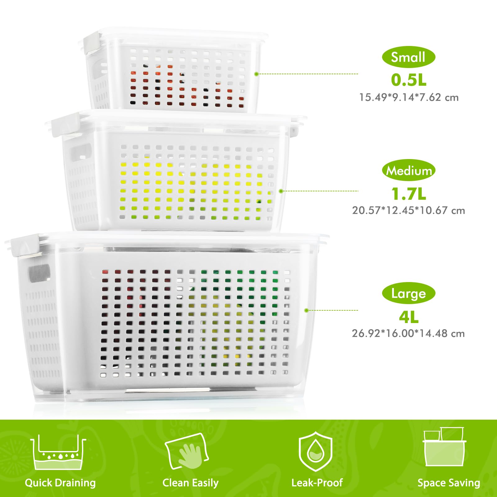 Luxear 3 Set Frischhaltedosen mit Deckel Abtropfgitter, 4L+1,7L+0,5L Kühlschrank Vorratsdosen Set, BPA Frei Frischhalteboxen mit Griff Luftablassventil, für Gemüse Obst Salat Spülmaschinenfest 8
