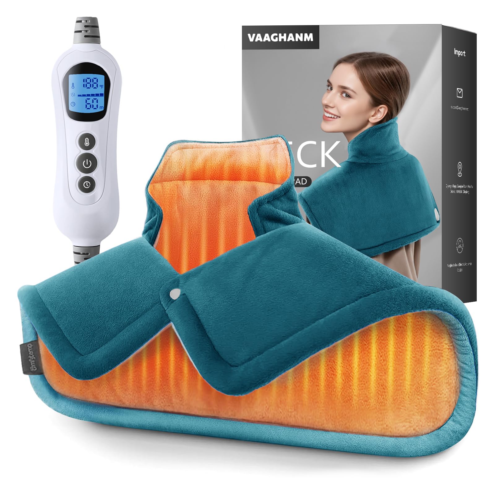 VAAGHANM Heating Pad: Electric Heat Pad for Pain Relief-Weighted Instant Heating Pads for Neck and Shoulders-6 Heat Options & 6 Auto Timer Mode-Gifts for Mom Women-Blue Image