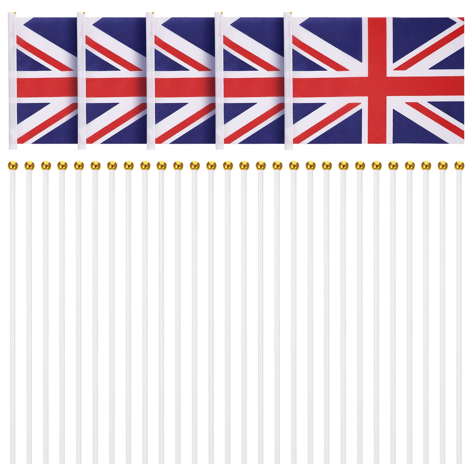 Veemoon Union Jack Handheld Flags on Sticks, 100Pcs Royal UK GB Great Britain Flags with 21cm White Poles for Celebrations Sporting Events Pub (14 x 21 cm)
