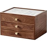 CHOSIN Black Walnut Wooden Jewelry Box for Women, 3-Layer Wood Jewelry Organizer with Glass Lid for Watches, Necklaces, Rings & Earrings Storage Valentine's Day Gifts