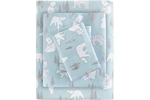 Sleep Philosophy True North Cozy Flannel Warm 100% Cotton Sheet - Novelty Print Animals Stars Cute Ultra Soft Cold Weather Bedding Set, Full, Blue Polar Bears 4 Piece