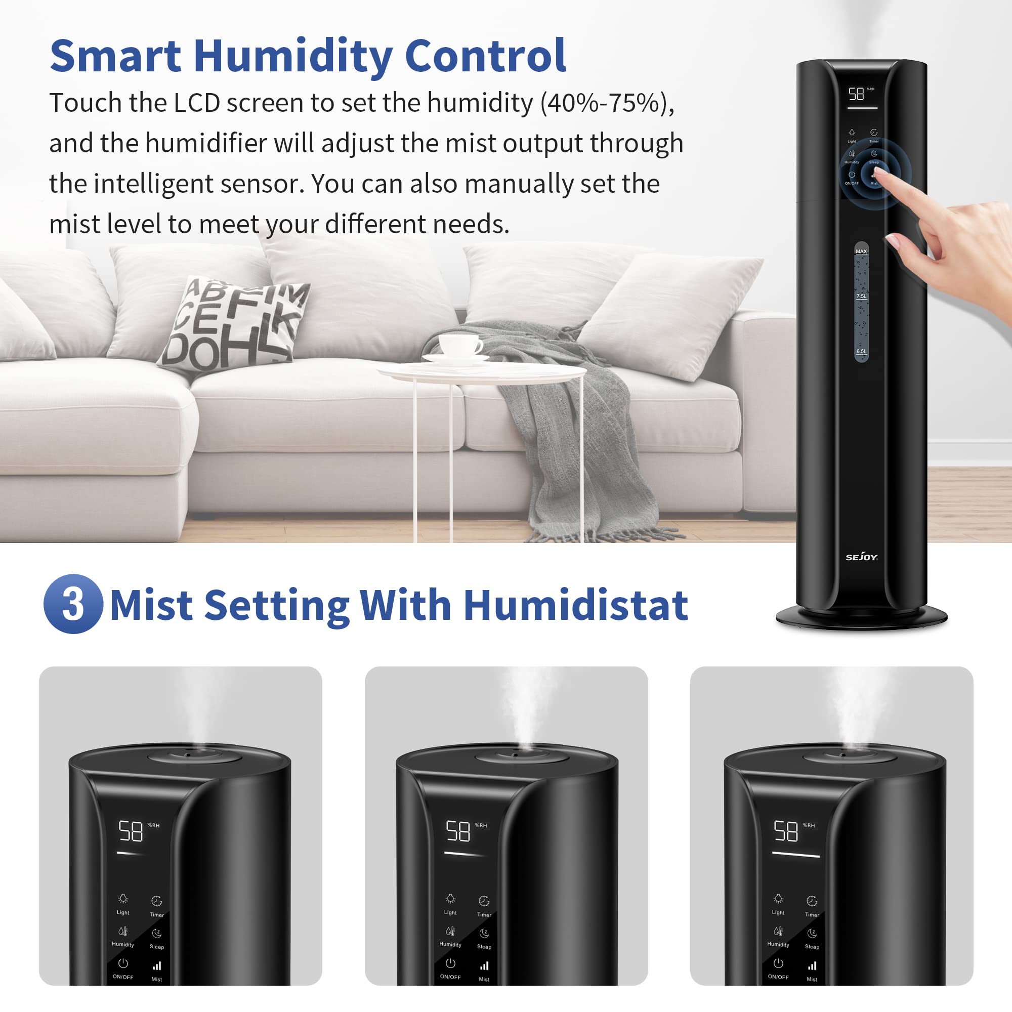 Humidifiers for Bedroom Large Room, 9L/2.4Gal Cool Mist Top Fill Humidifier with Essential Oil Remote Control 360°Nozzle for Home Baby Office Plants Bedroom (Black)
