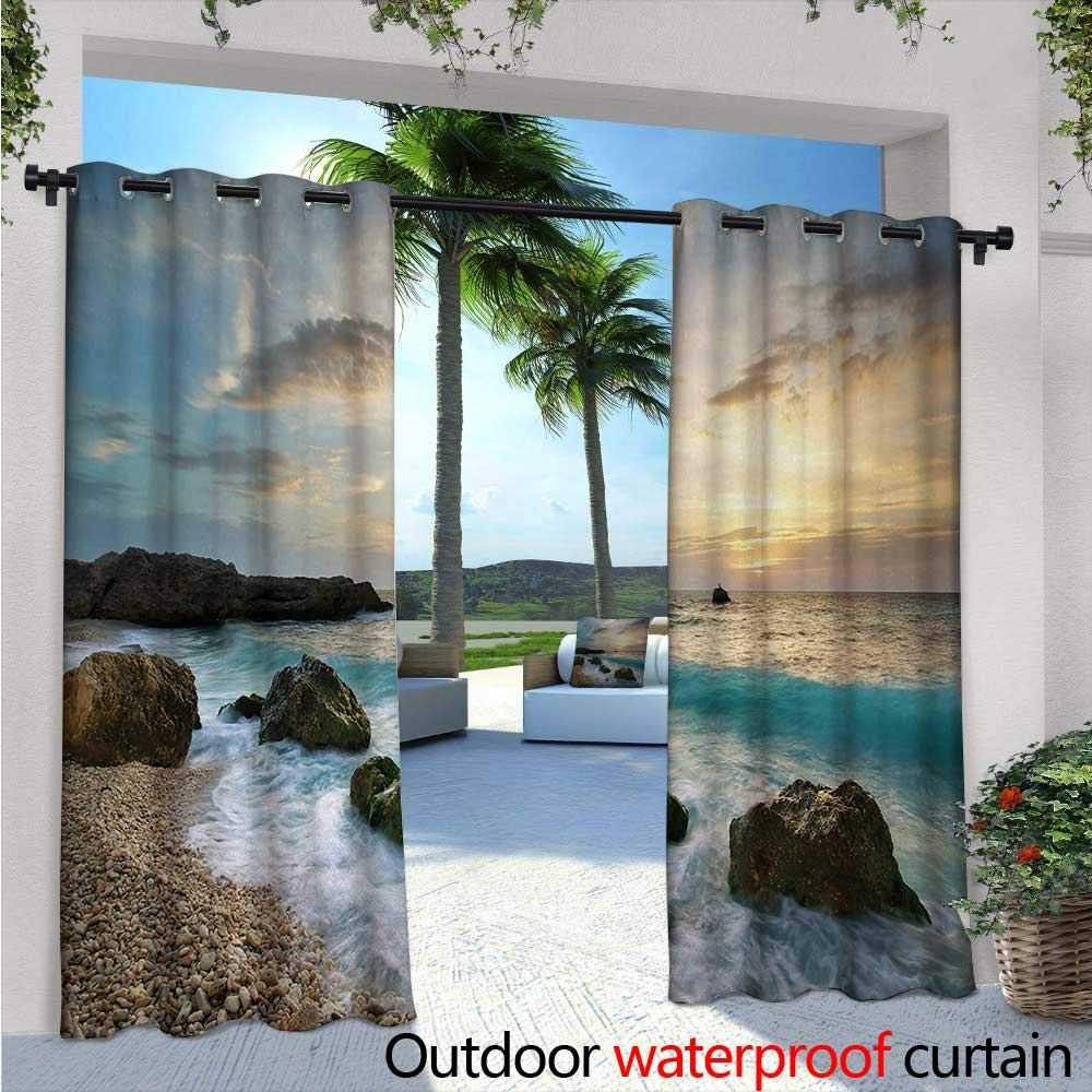 Ocean Patio Curtains Sealife Theme with Sea Animals Shells Stars and Striped Backdrop Art Outdoor Curtain for Patio,Outdoor Patio Curtains W108 x L84 Golden Navy Blue and White