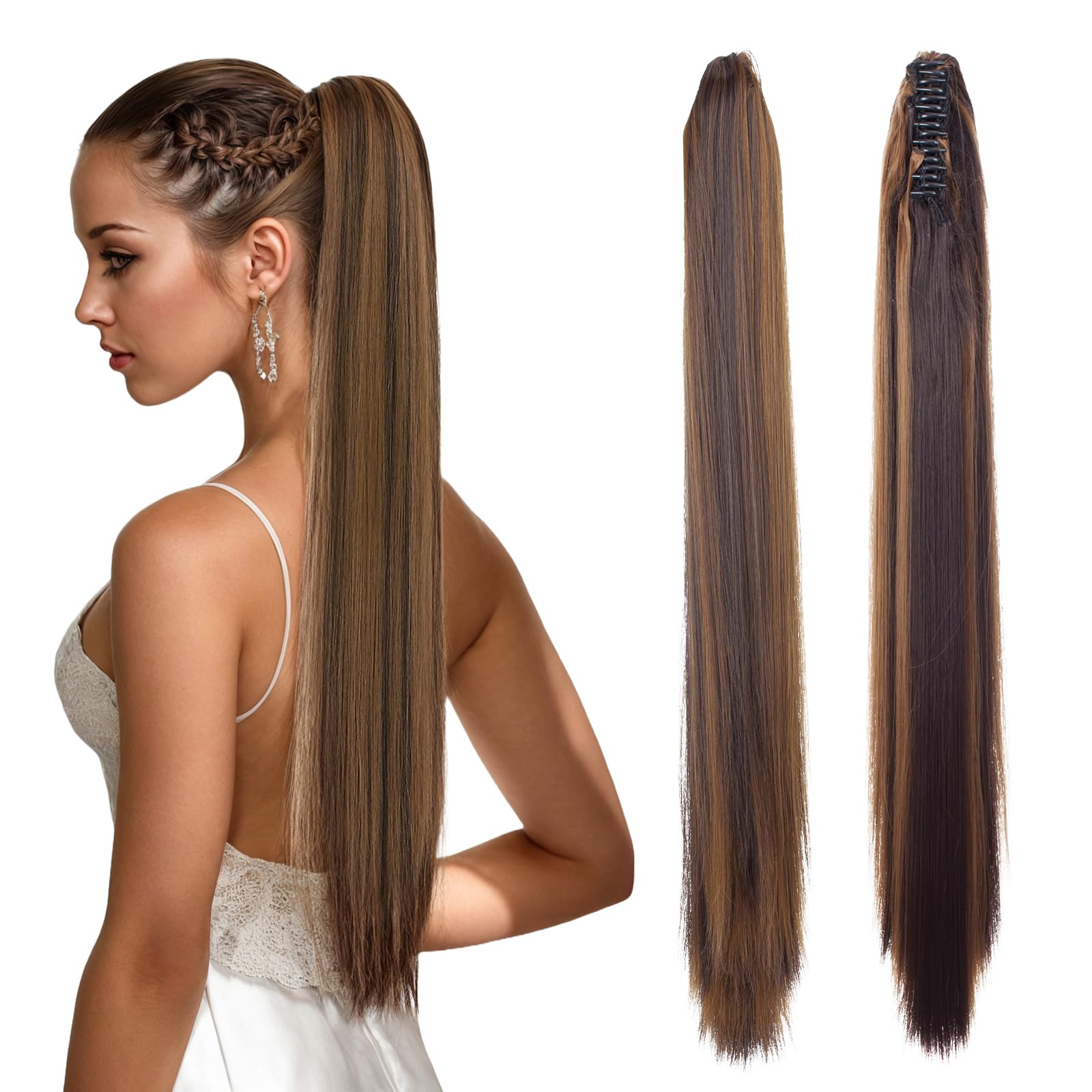 TESS Clip in Ponytail Extension Claw, 26 Inches Hair Extensions Synthetic Straight Ponytail Clip in Dark Brown with Sandy Blonde Highlighted Hair Pieces for Women 150g — image 1