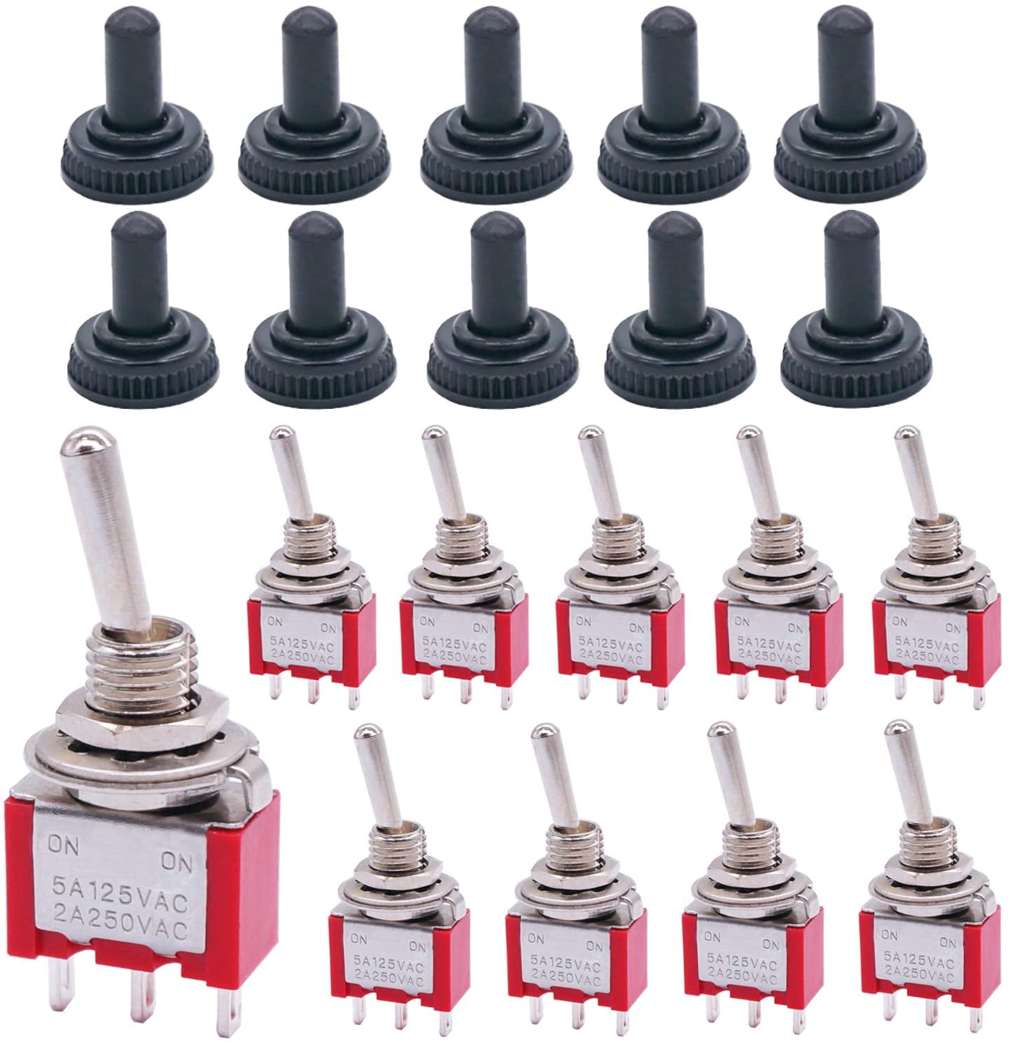 mxuteuk 10Pcs Mini Toggle Switch SPDT 2 Position 3 Pins ON-ON AC 125V 5A with Waterproof Cap MTS-102-10MZ