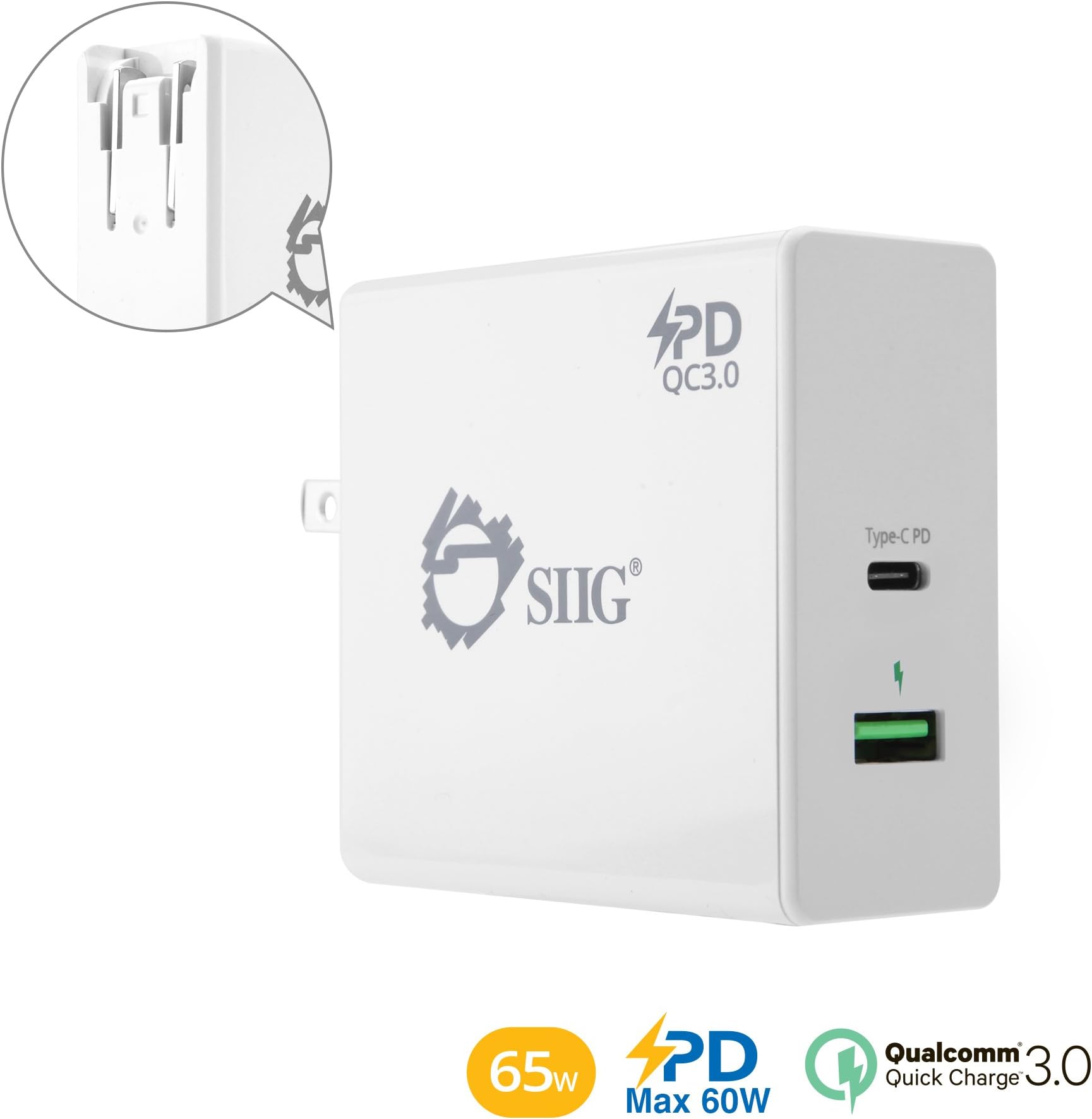 SIIG 65W USB Type C Wall Charger (USB C Power Adapter/USB C Laptop Charger/USB-C PD Charger) with Power Delivery & QC 3.0 USB Port for MacBook Pro, Laptops with USB C Charging, Smart Phones