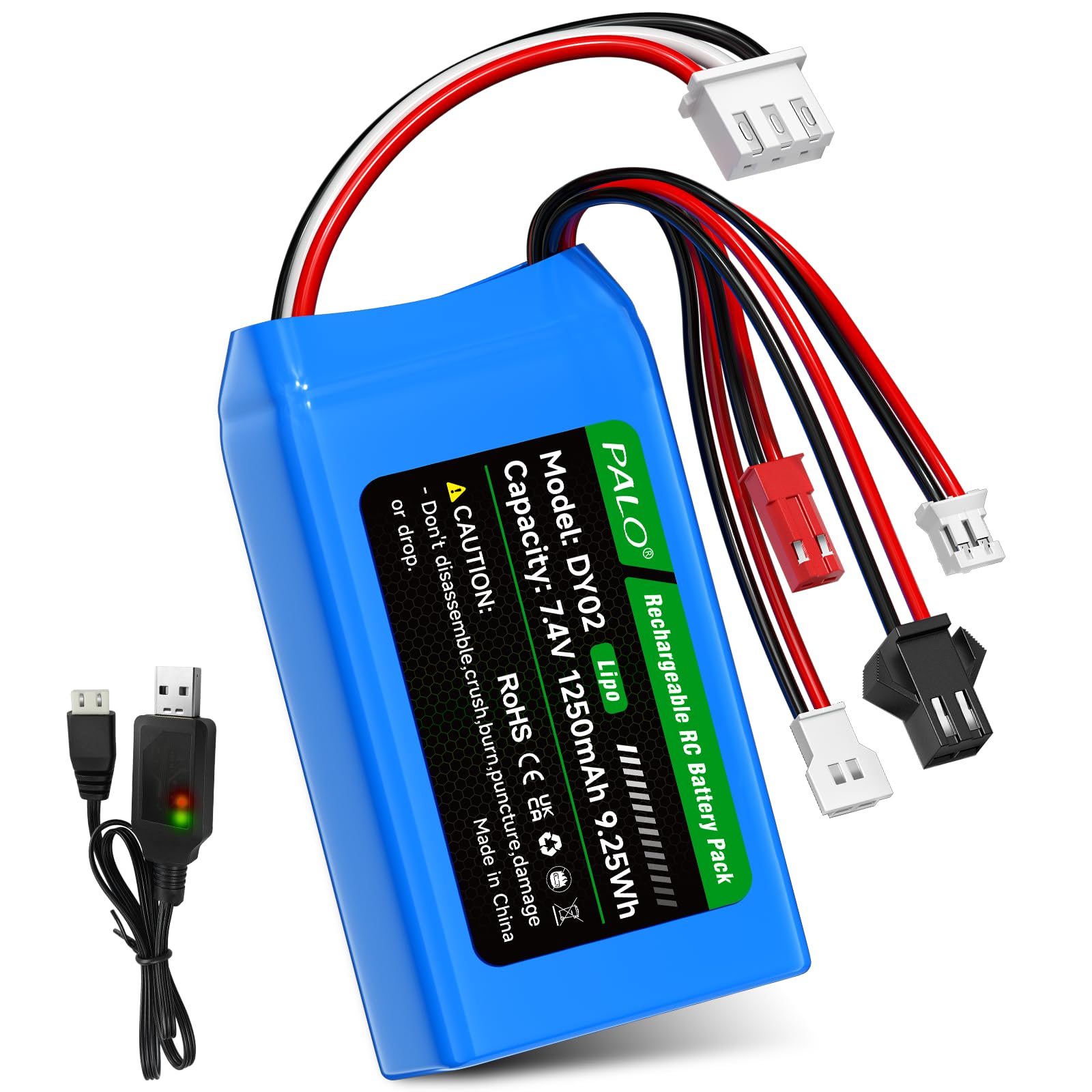 Mspalocell 7.4V Lipo Battery 1250mAh PH2.0/JST/SM-2P/MX2.0 Battery 25C, with the XH2.54-3P Balance Plug & USB charger, for WLtoys RC Crawler SCX24 CR18P FCX18 FCX24, for RC Car, Boat, RC Airplane
