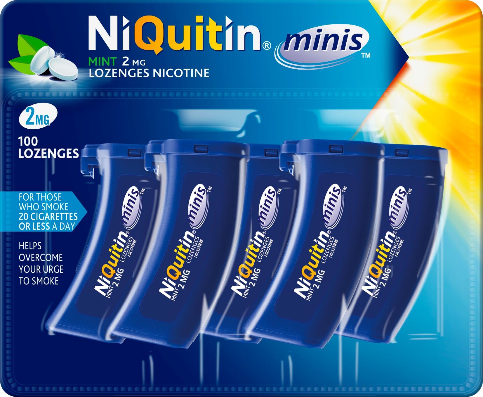 NiQuitin Minis Mint 2 mg Lozenges - Effective Smoking Craving Relief - Practical Pocket-Sized Container - 100 Mini Lozenges - Relieve Sudden Cravings - Reduce and Quit Smoking and Vaping Aid