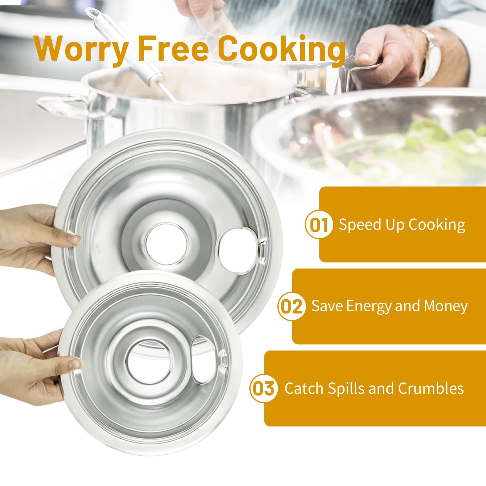 4-Piece Drip Pans Set - Compatible with GE Stoves - Chrome Finish Electric Stove Burner Drip Pans - 2 x 6inch, 2 x 8inch Stove Drip Pans - GE Stove Drip