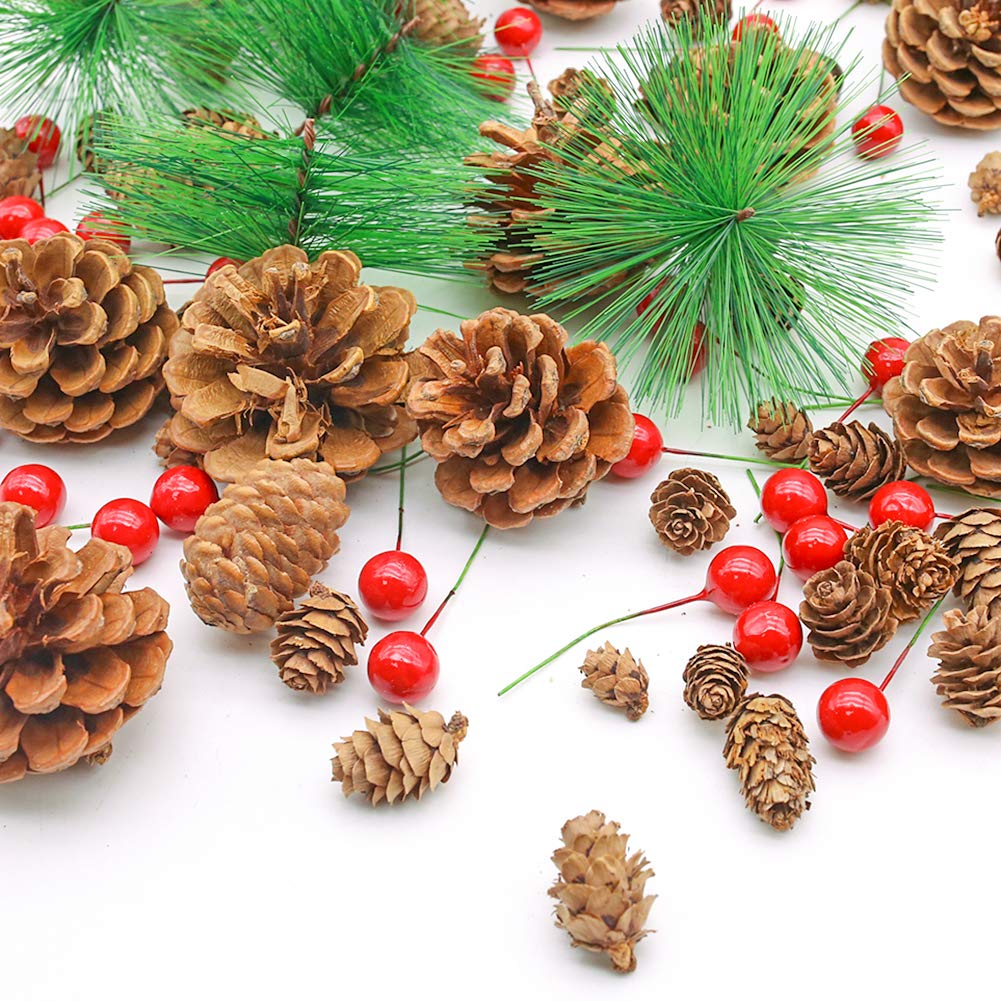 DomeStar 120PCS Artificial Acorns Berry Craft and Natural Pinecones Ornament Set, Artificial Pine Picks Fake Fruit Decor Winter Decorating Kit