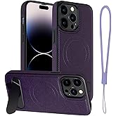 Moment Dextrad Magnetic for iPhone 14 Pro Max Leather Case, Built-in Stand, Compatible with MagSafe, Silicone Strap, TPU Interior Protective, Shockproof Slim Phone Cover 14 Pro Max (Purple)