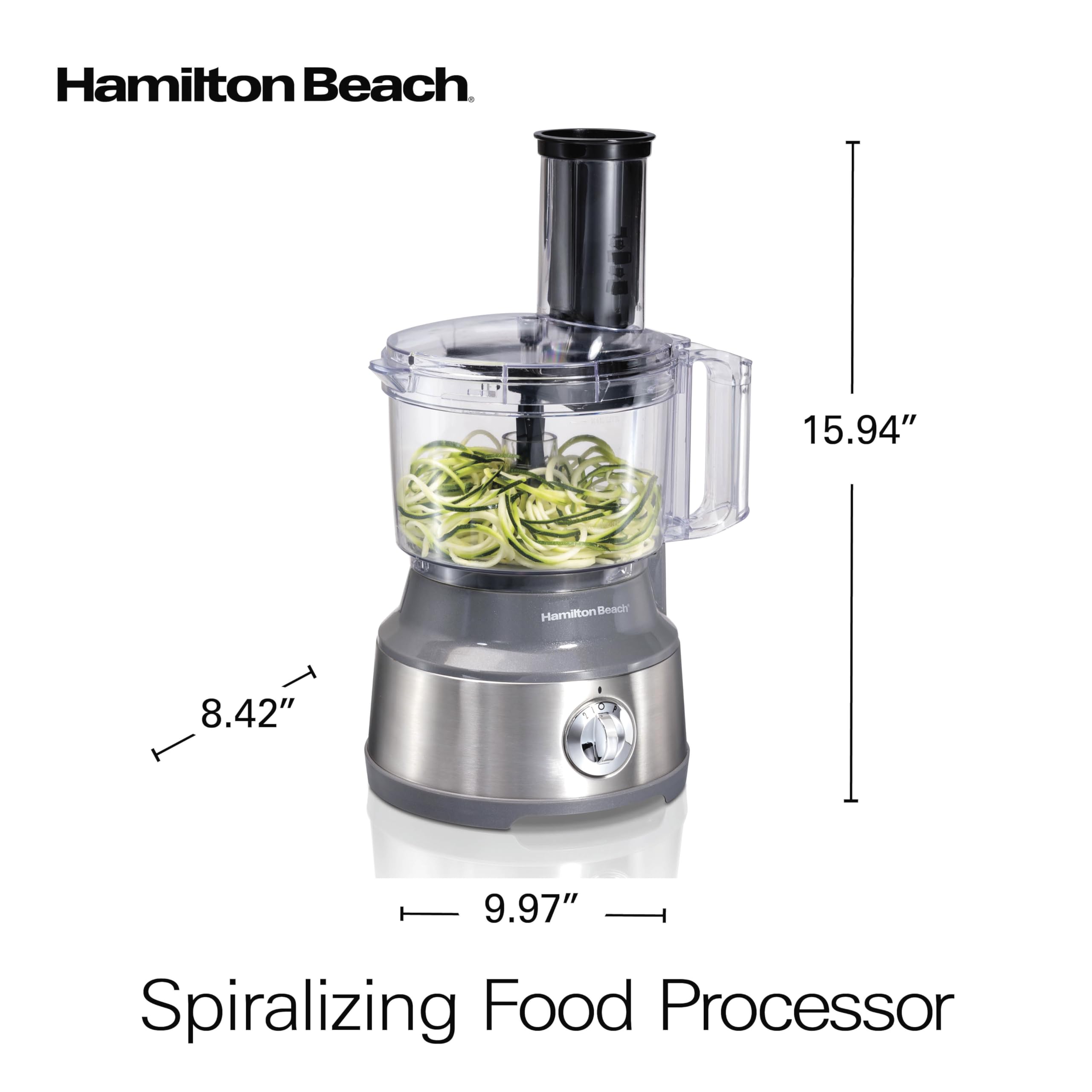 Hamilton Beach Food Processor & Vegetable Chopper for Slicing, Shredding, Mincing, and Puree, 10 Cups + Veggie Spiralizer makes Zoodles and Ribbons, Grey and Stainless Steel (70735)