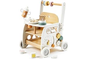 labebe Wooden Baby Walker, Baby Push Walker Doll Stroller, Push Activity Walker for Kids 18M+, Adjustable Speed Learning Walking with Wheels, Birthday Gift for Girls Boys Ages 1-3
