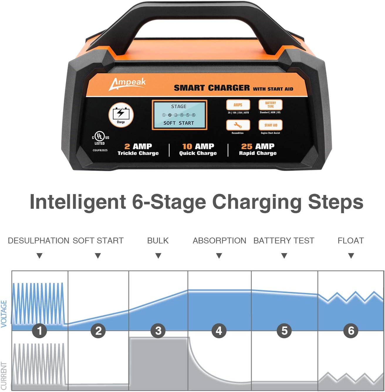 Ampeak 2/10/25A Smart Battery Charger/Maintainer 12V Fully Automatic with Engine Start: Automotive