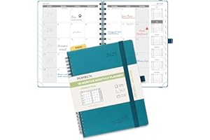 POPRUN Monthly Planner 2025-2026 Medium Size (6.5'' x 8.5'') 18 Months Calendar (Jan 2025 - Jun 2026) - 4 Pages per Month with Monthly Expense & Notes, Vegan Leather Cover - Pacific Green