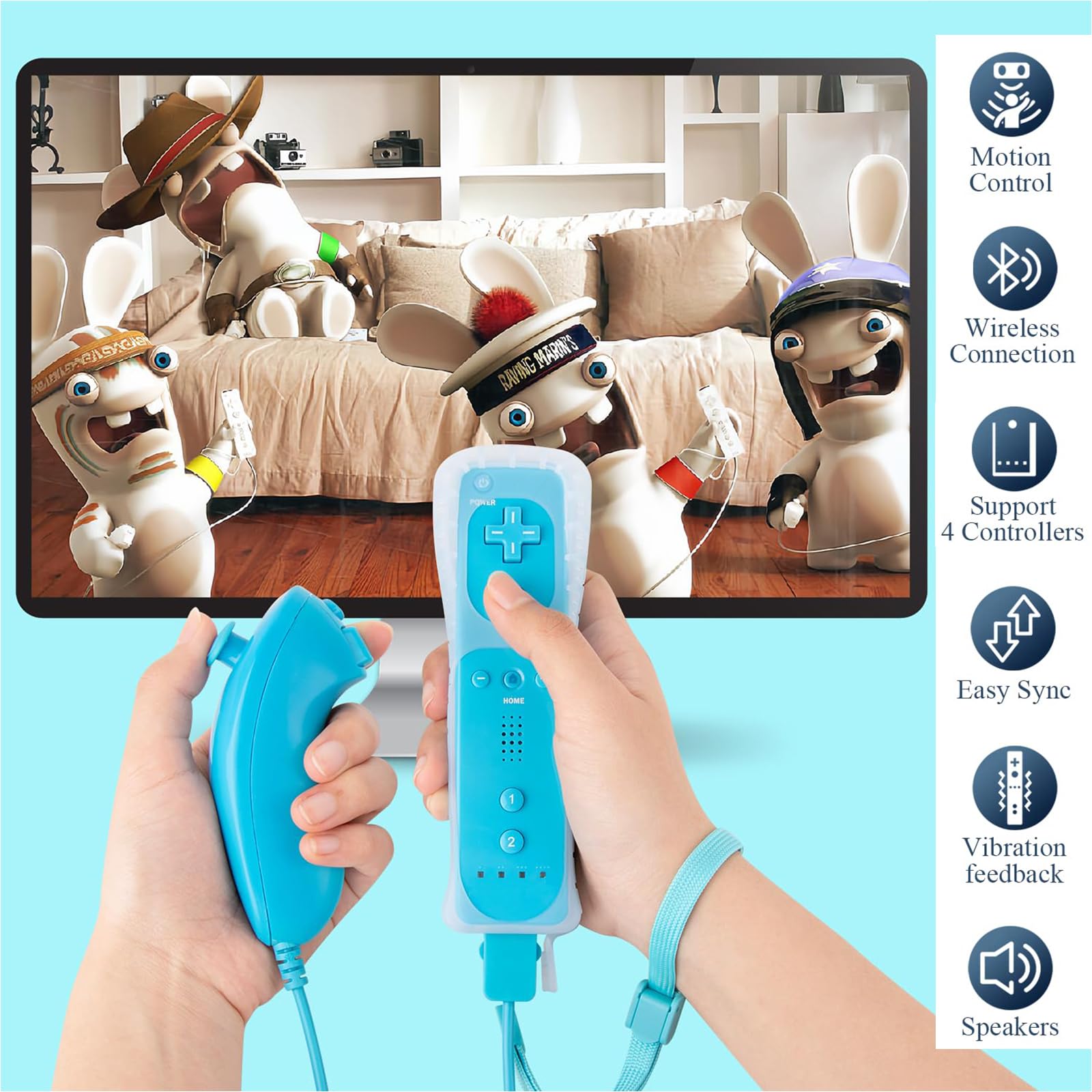 Compatible with Nintendo Wii Controller, Wii Remote with Nunchuck and Nunchuck Controller with Silicone Case and Wrist Strap for Wii and Wii U, Included 2 AA Batteries (Blue)