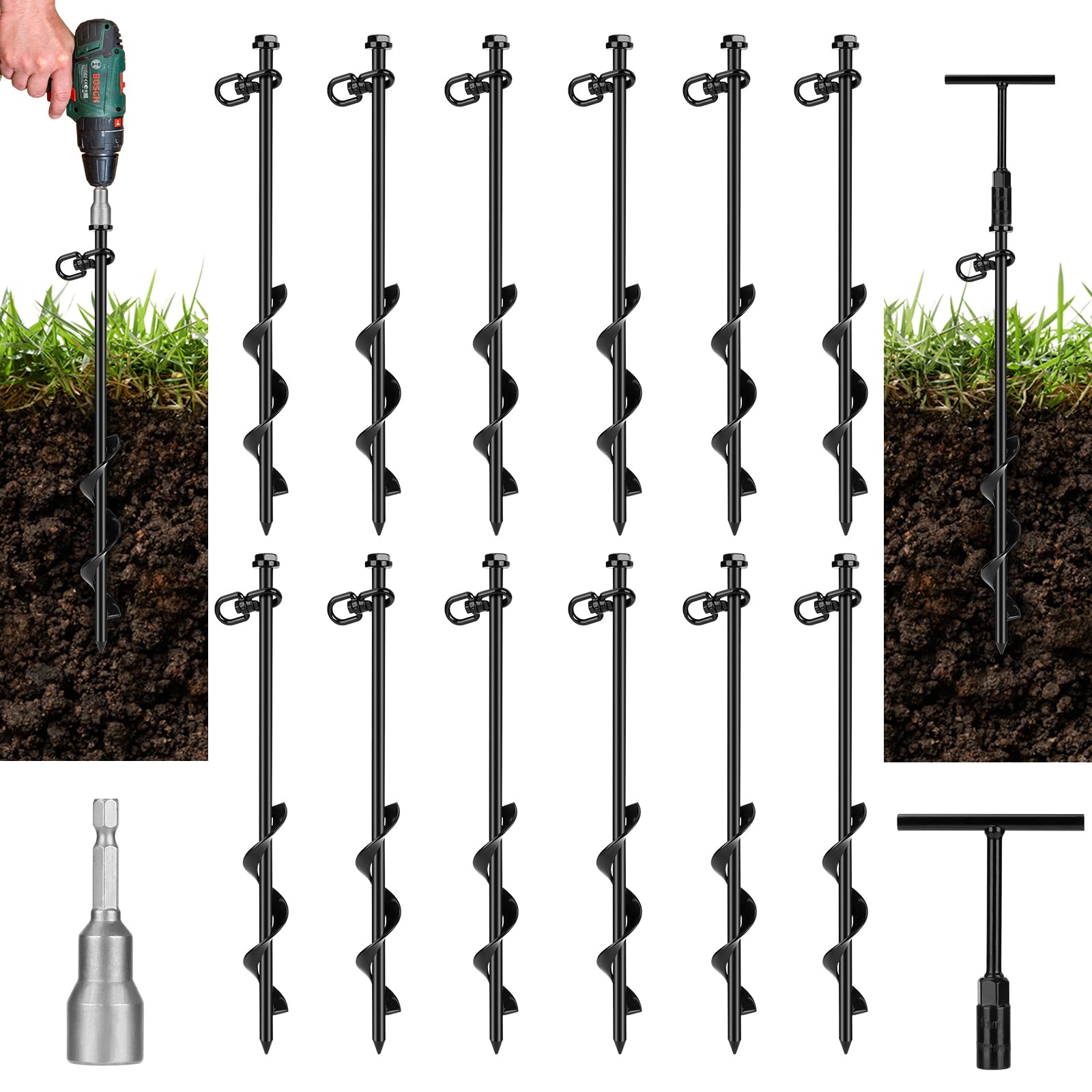 Photo 1 of FAURIMMER 12 Pack Ground Anchor Heavy Duty Earth Anchors with T Handle Hex Wrench & Power Nut Driver, Metal Stakes Ground Anchors Screw in for Swing, Trampoline, Tents, Securing Animals