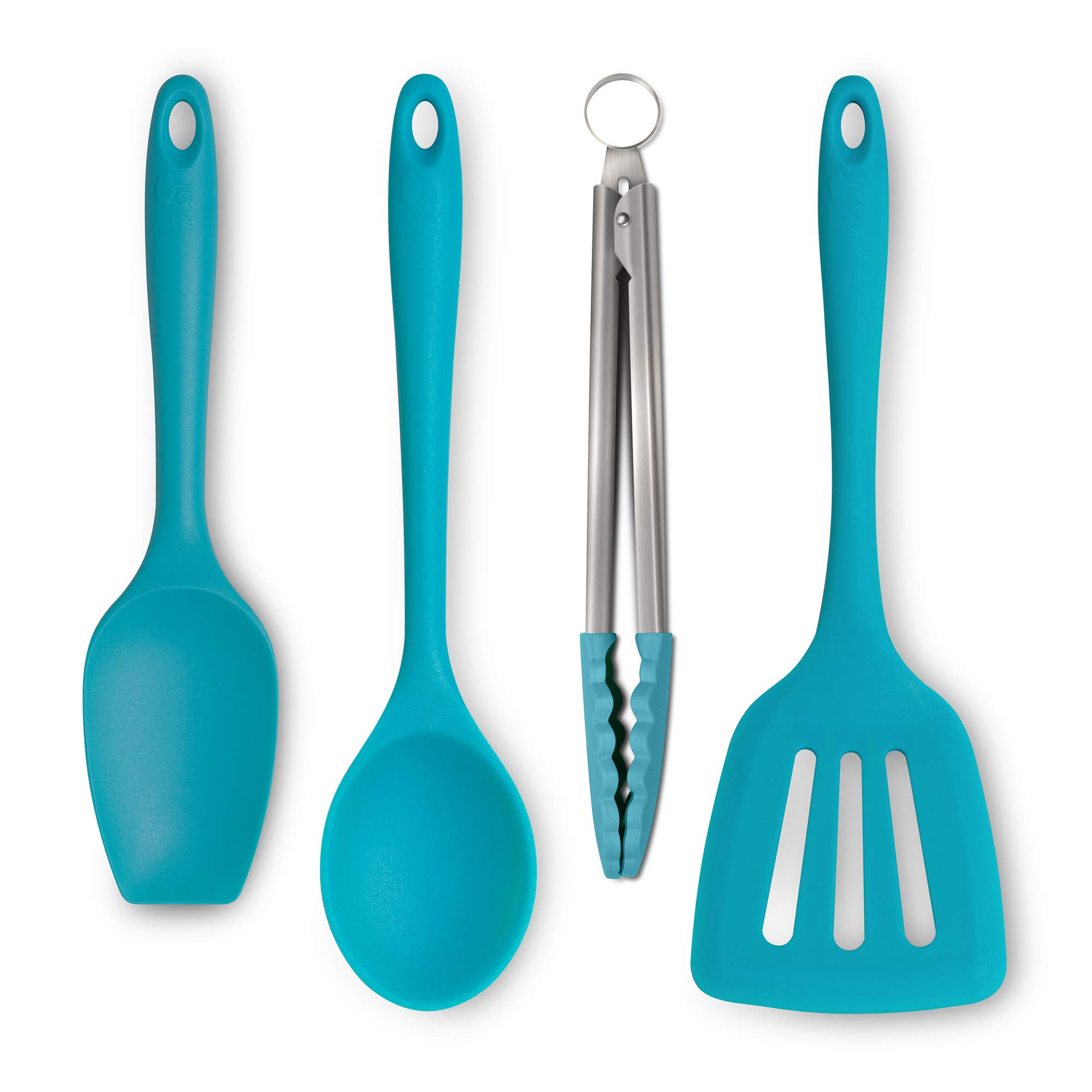 Zeal JSET40A Non-Stick Silicone Tongs, Turner, Spatula Cooks Spoon 4-Piece Set-Aqua