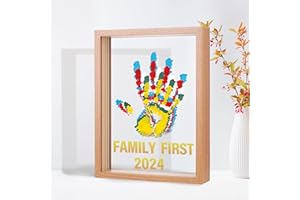 BLEVLA Family Handprint Kit - Baby Hand and Footprint Kit Wooden Frame, Newborn Keepsake Gifts for New Parents, Family Gifts Ideas, New Mom Baby Shower Gifts for Boys & Girls, 5 Non-Toxic Paints (Brown)